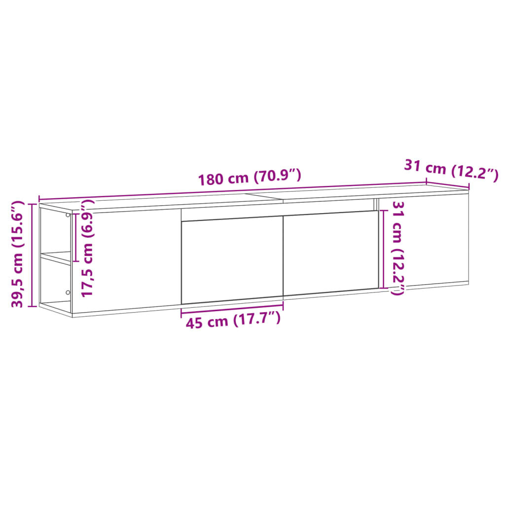 vidaXL Έπιπλο Τοίχου Τηλεόρασης με LED Sonoma Δρυς 180x31x39,5 εκ.