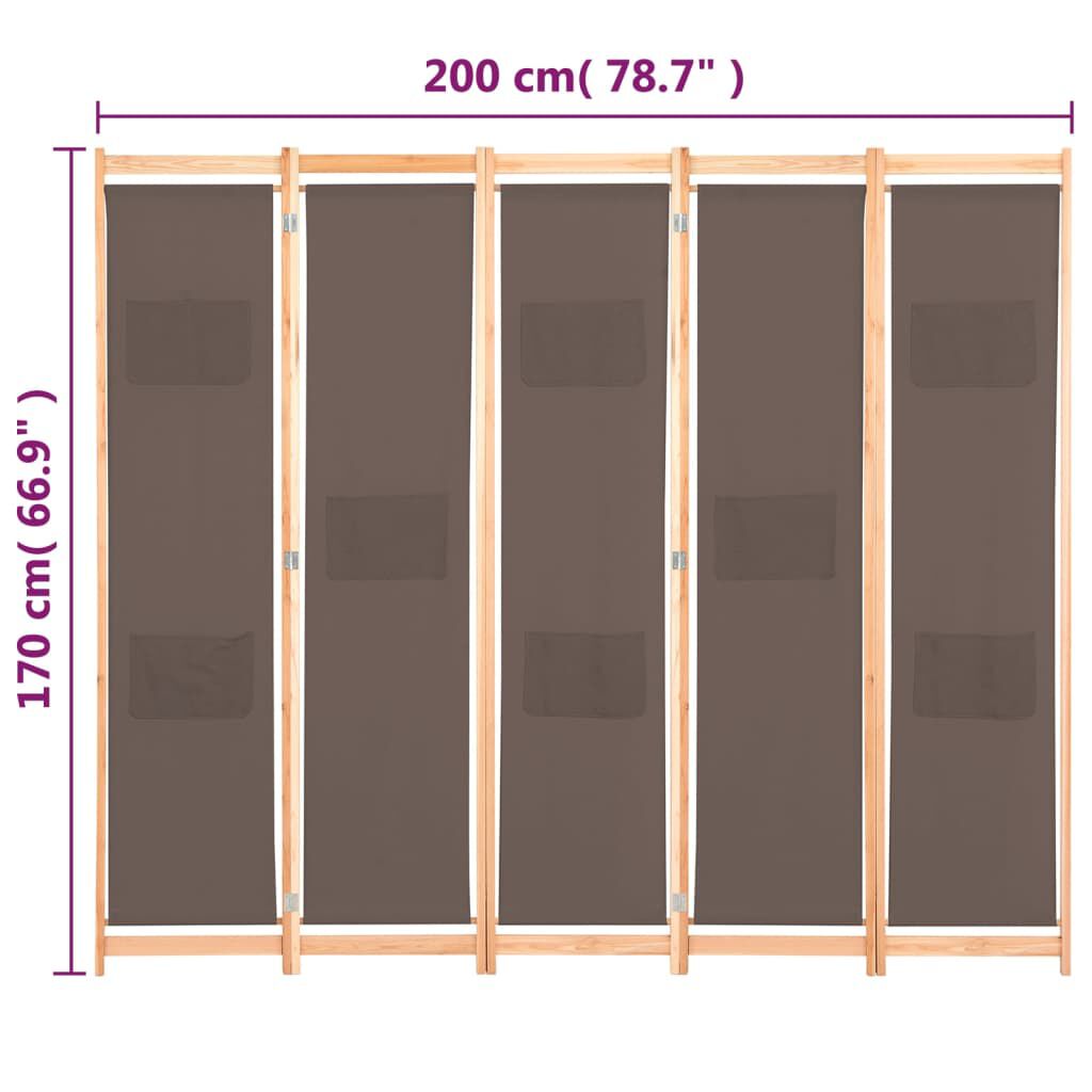 vidaXL Διαχωριστικό Δωματίου με 5 Πάνελ Καφέ 200x170x4 εκ. Υφασμάτινο