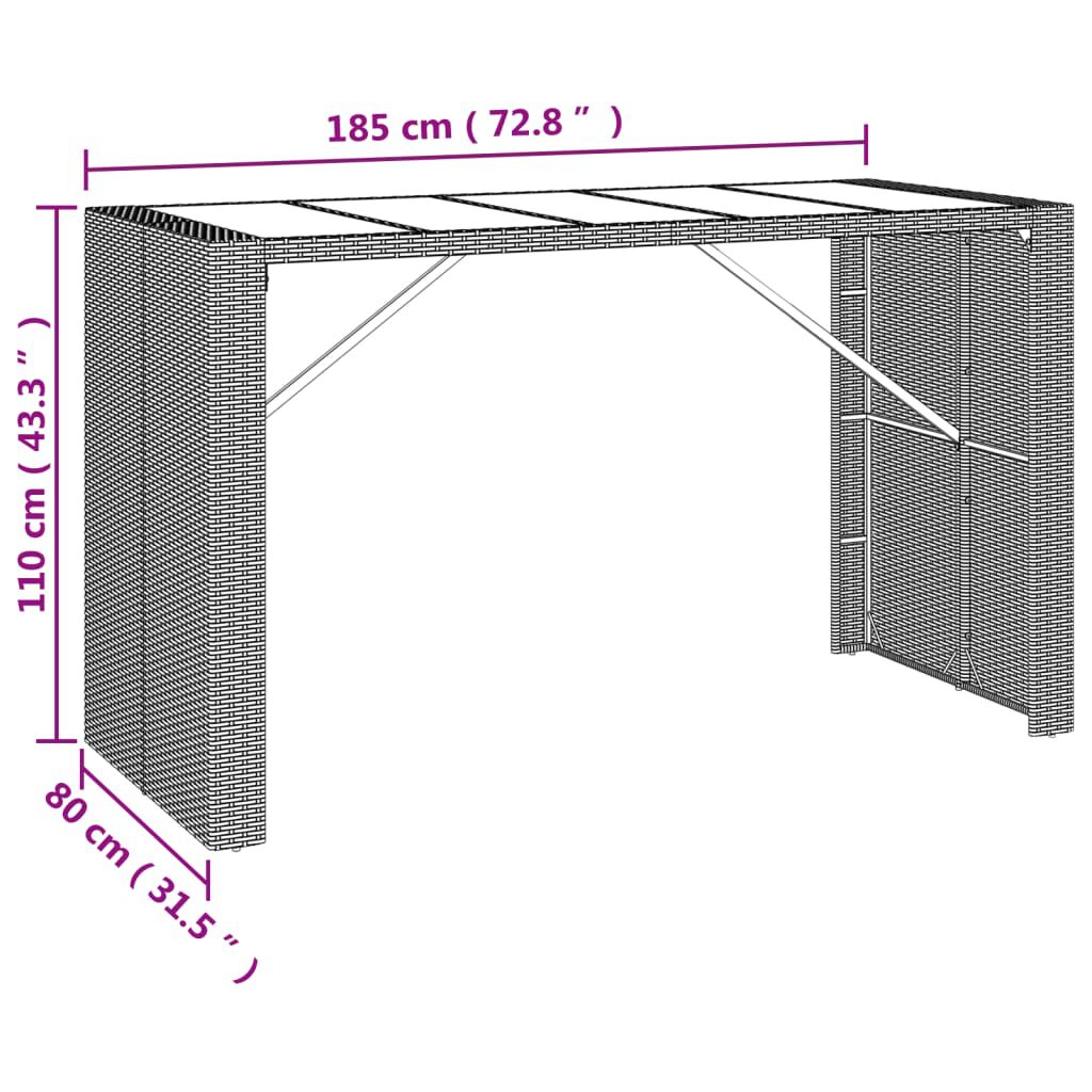 vidaXL Τραπέζι Μπαρ με Γυάλ. Επιφάνεια Καφέ 185x80x110 εκ. Συνθ. Ρατάν