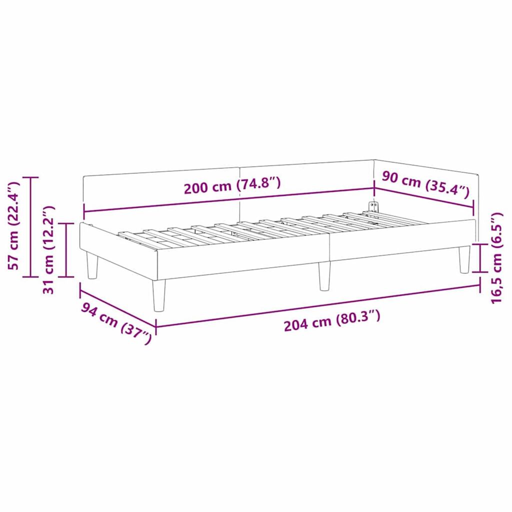 vidaXL Πλαϊνό Κρεβάτι Μαύρο 90 x 200 cm Βελούδο και Στιβαρή ξυλεία