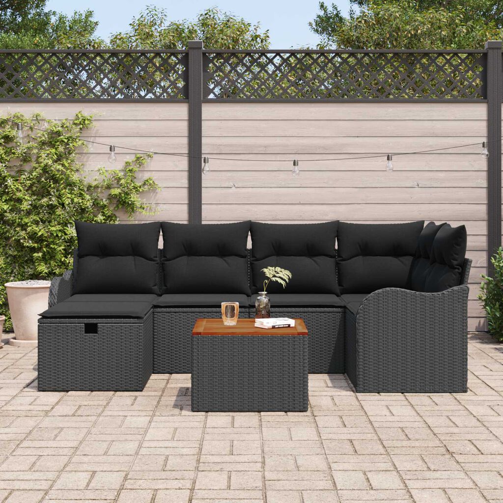 vidaXL Σετ Καναπέ Κήπου με μαξιλάρι 7 pcs Μαύρο Πολυ ράταν