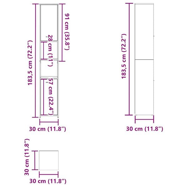 vidaXL Ντουλάπι Μπάνιου Γκρι Sonoma 30x30x183,5 εκ. Επεξεργασμένο Ξύλο