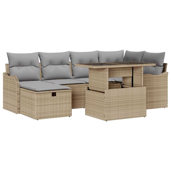 vidaXL Σετ Καναπέ Κήπου με μαξιλάρι 7 pcs Μπεζ Πολυ ράταν