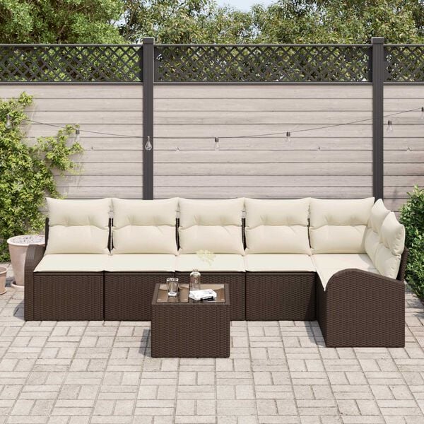 vidaXL Σετ Καναπέ Κήπου με μαξιλάρι 7 pcs Καφέ και λευκό Πολυ ράταν