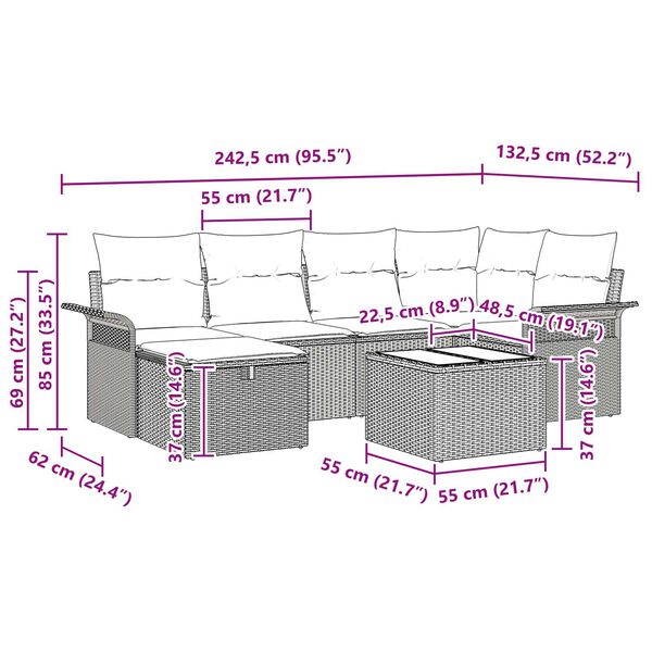 vidaXL Σετ Καναπέ Κήπου με μαξιλάρι 7 pcs Μαύρο Πολυ ράταν