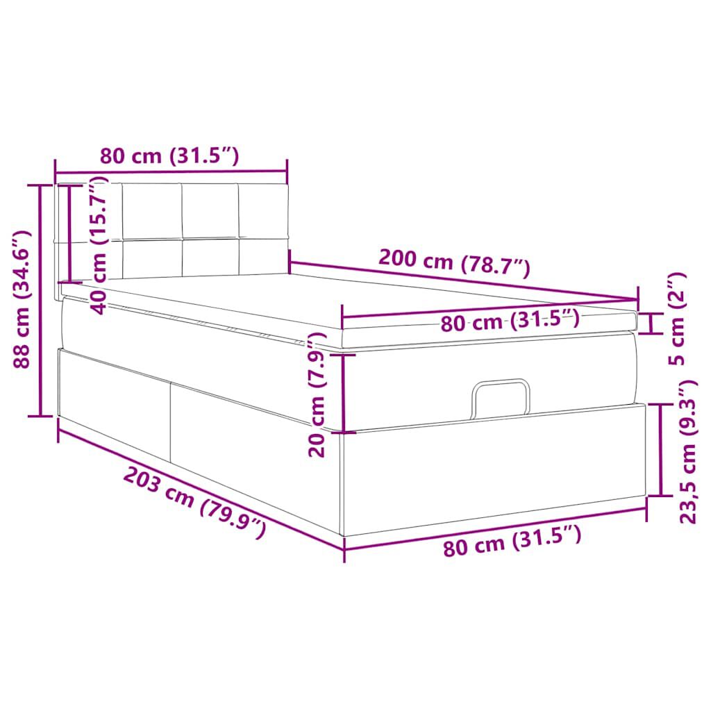vidaXL Οθωμανικό κρεβάτι με στρώμα & LEDs Μαύρο 80x200cm ύφασμα