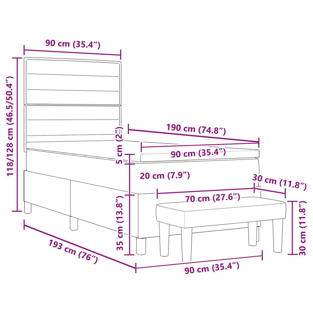 vidaXL Κρεβάτι με Βάση και Στρώμα & Μπάγκο Ταμπά 90x190 εκ. Ύφασμα