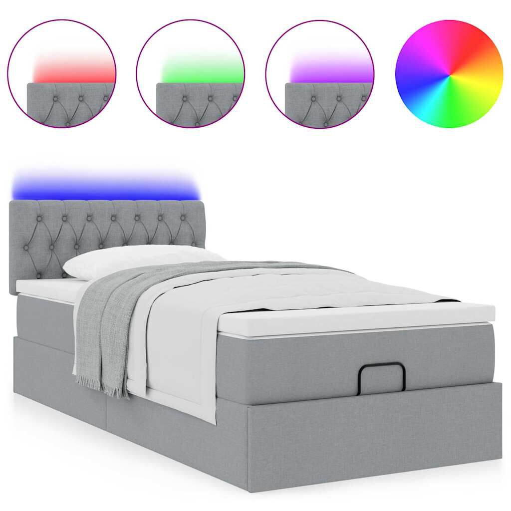 vidaXL Οθωμανικό κρεβάτι με στρώμα & LEDs Ανοιχτό γκρι 90x200cm Ύφασμα