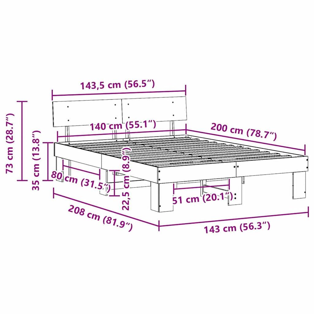 vidaXL Σκελετός Κρεβατιού Καφέ κεριού 140 x 200 cm Μασίφ ξύλο πεύκου