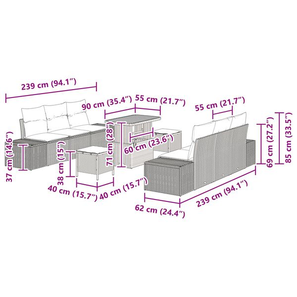 vidaXL Σετ Σαλονιού Κήπου 9 Τεμαχίων Με Μαξιλάρια Μαύρο Πολυ Ρατάν Ακακία