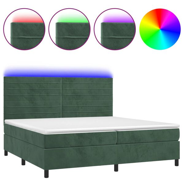 vidaXL Κρεβάτι Boxspring με Στρώμα & LED Σκ. Πράσινο 200x200εκ Βελούδο