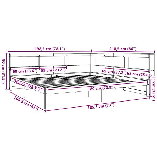 vidaXL Κρεβάτι Βιβλιοθήκη Χωρίς Στρώμα 180x200 εκ Μασίφ Ξύλο Πεύκου
