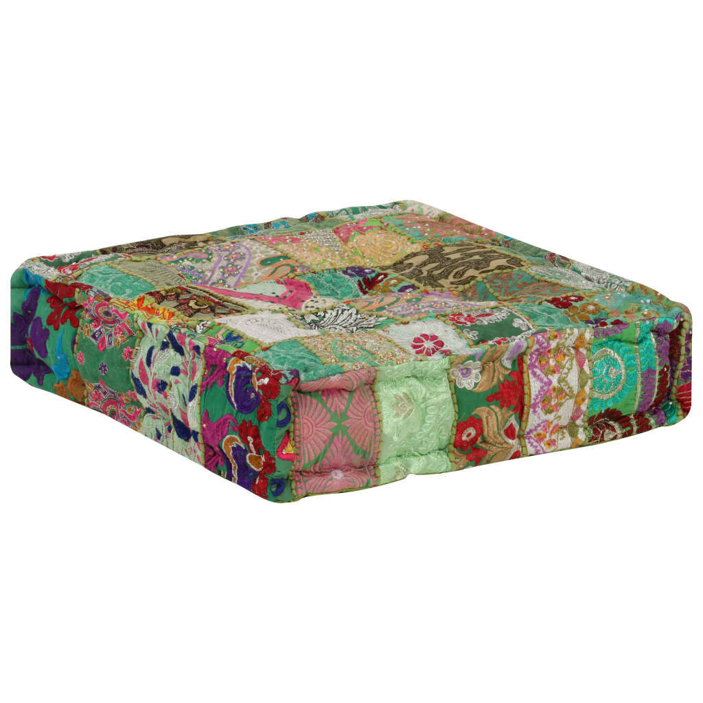 vidaXL Πουφ Patchwork Τετράγωνο Χειροπ. Πράσινο 50x50x12 εκ. Βαμβάκι