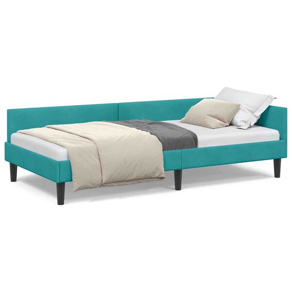 vidaXL Πλαϊνό Κρεβάτι Τιρκουάζ 90 x 200 cm Βελούδο και Στιβαρή ξυλεία