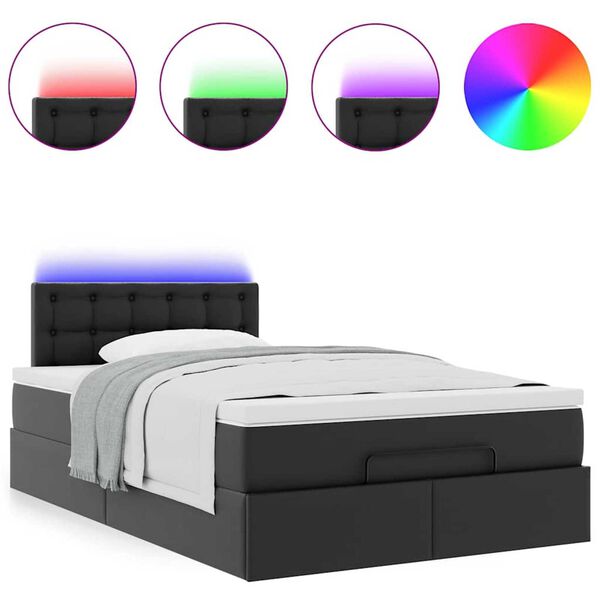 vidaXL Οθωμανικό κρεβάτι με στρώματα & LEDs Μαύρο Faux Leather
