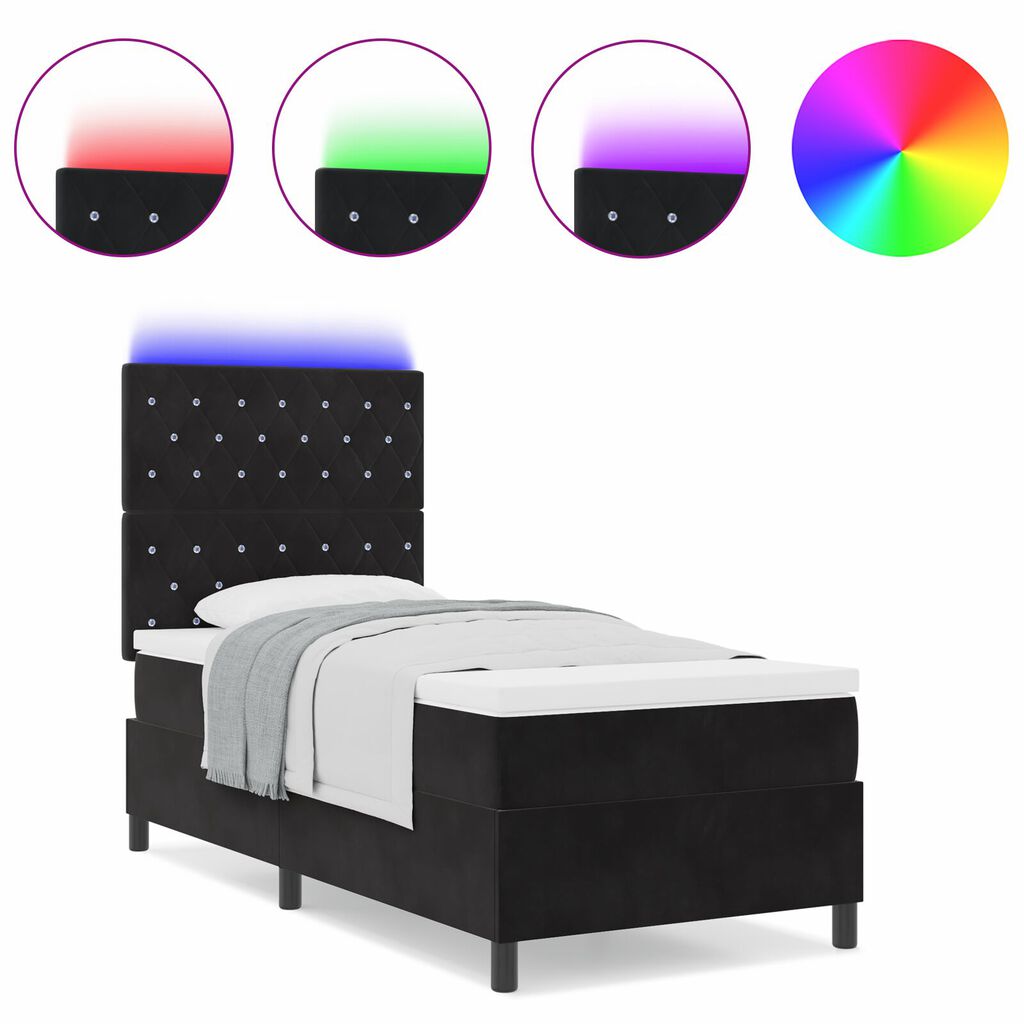 vidaXL Κρεβάτι Box Spring με Στρώμα & LED Μαύρο 100x200 εκ. Βελούδο