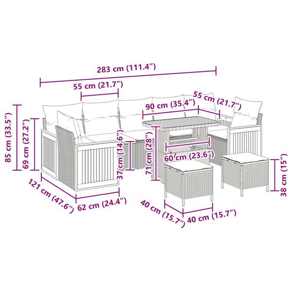 vidaXL Σετ Καναπέ Κήπου με μαξιλάρι 10 pcs Μαύρο 90 x 55 x 71 cm