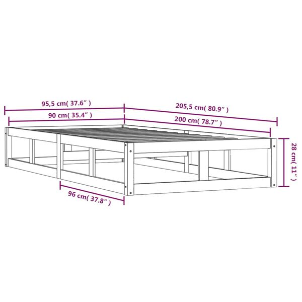 vidaXL Πλαίσιο Κρεβατιού Μαύρο 90 x 200 εκ. από Μασίφ Ξύλο