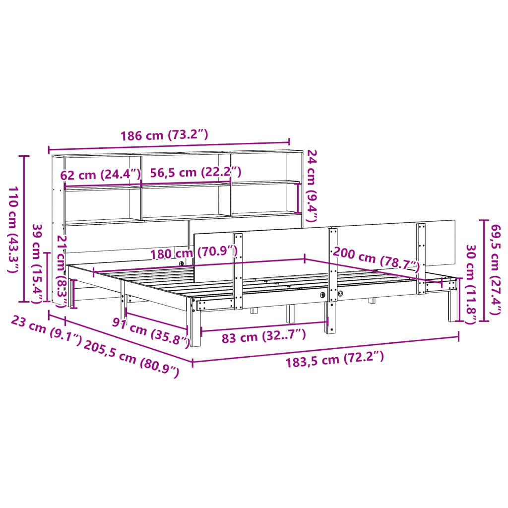 vidaXL Κρεβάτι Βιβλιοθήκη Χωρίς Στρώμα 180x200 εκ Μασίφ Ξύλο Πεύκου