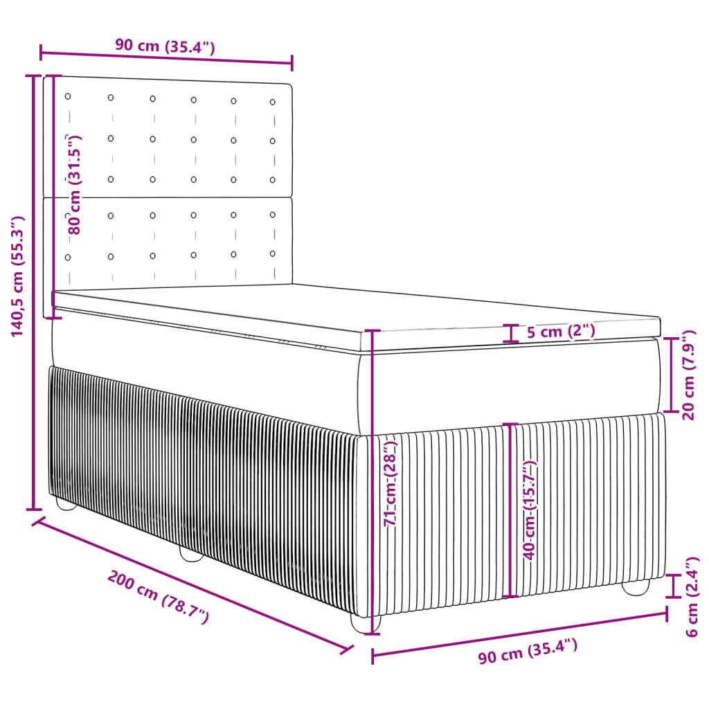 vidaXL Κρεβάτι Boxspring με Στρώμα Ανοιχτό Γκρι 90x200 εκ. Υφασμάτινο