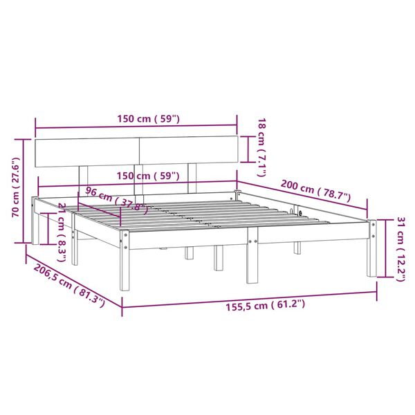 vidaXL Πλαίσιο Κρεβατιού Μαύρο 150 x 200εκ Μασίφ Ξύλο Πεύκου King Size