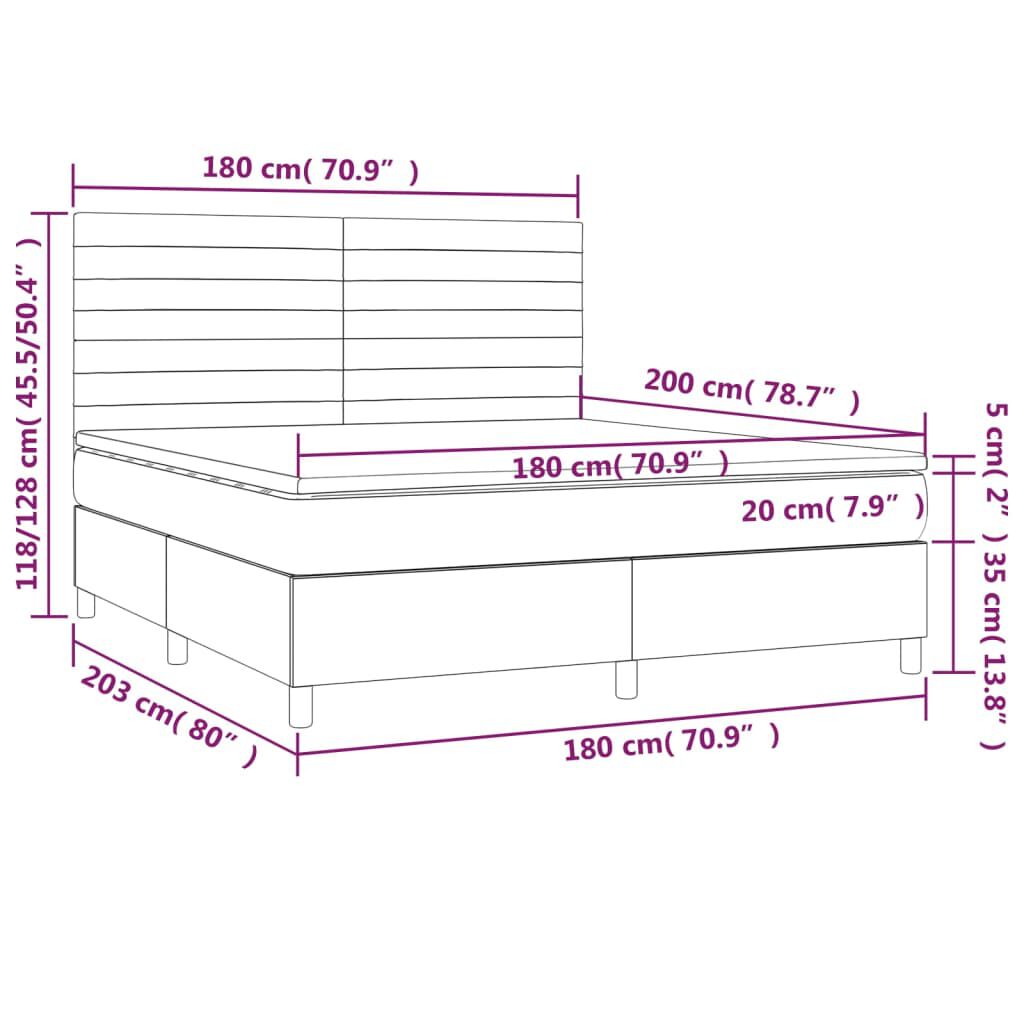 vidaXL Κρεβάτι Boxspring με Στρώμα & LED Σκ. Γκρι 180x200εκ. Βελούδινο