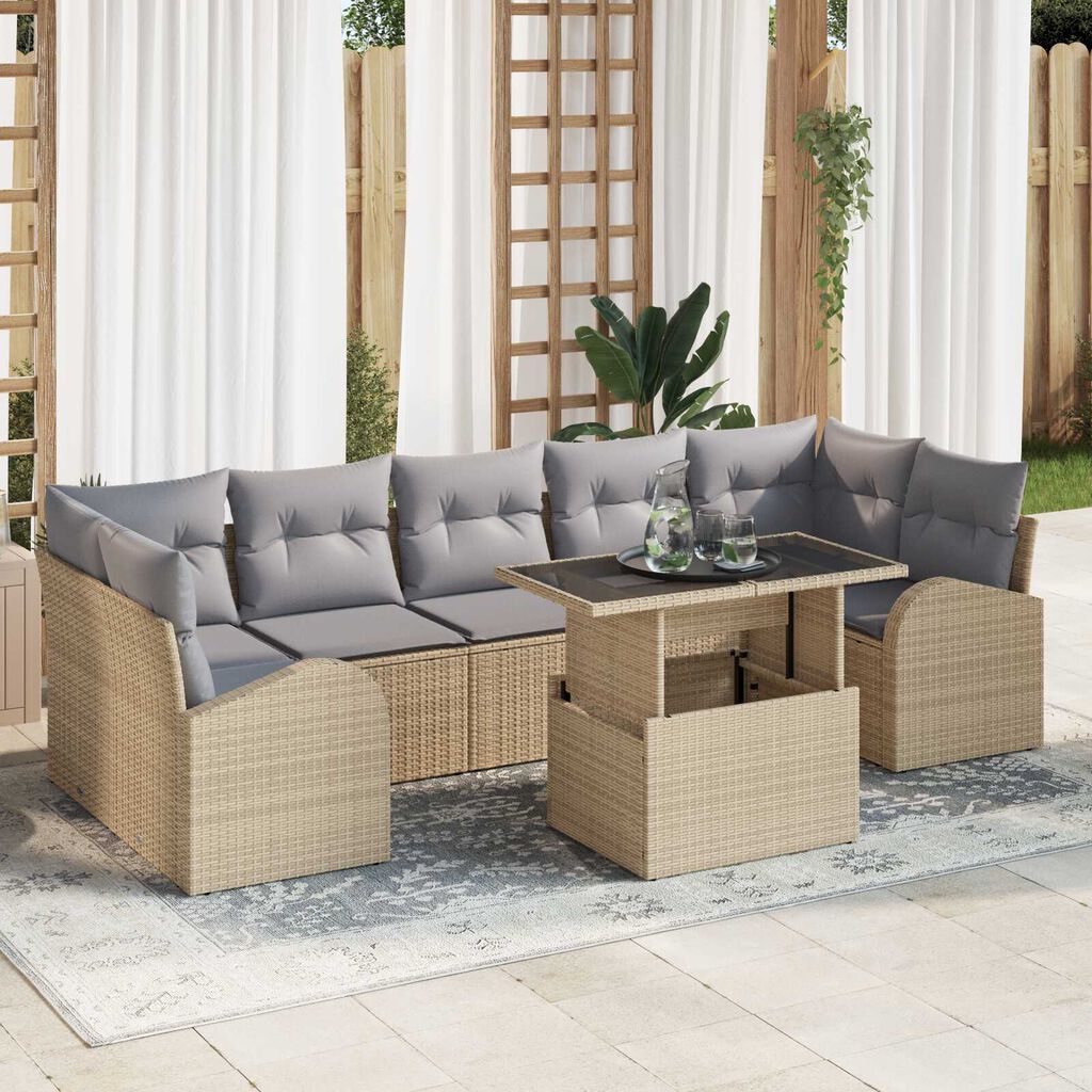 vidaXL Σετ Καναπέ Κήπου με μαξιλάρι 8 pcs Μπεζ Πολυ ράταν