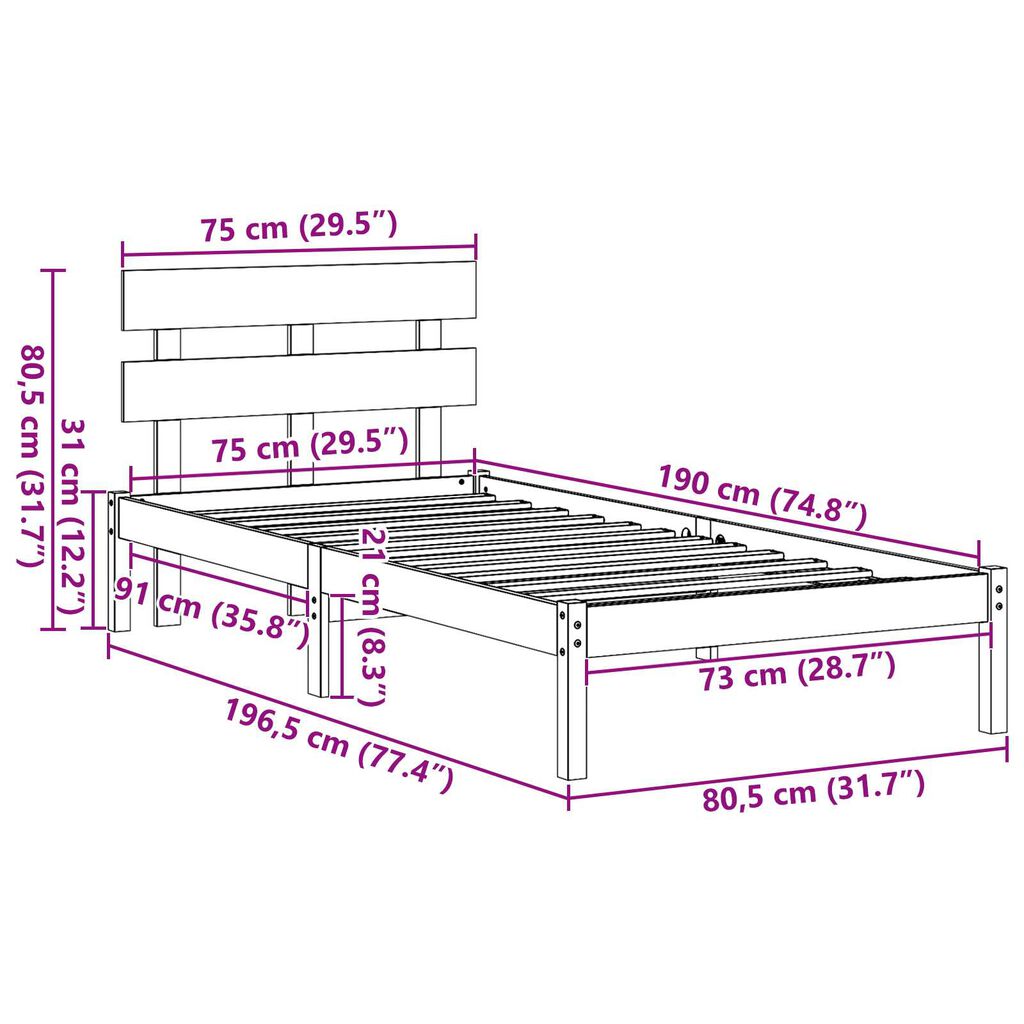 vidaXL Σκελετός Κρεβατιού Λευκό 75 x 190 cm Μασίφ ξύλο πεύκου