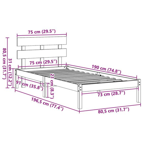 vidaXL Σκελετός Κρεβατιού Λευκό 75 x 190 cm Μασίφ ξύλο πεύκου