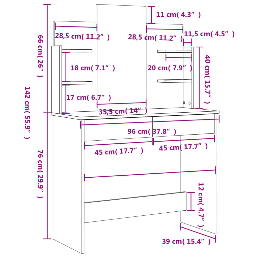 vidaXL Μπουντουάρ με Καθρέφτη Καφέ Δρυς 96 x 39 x 142 εκ.
