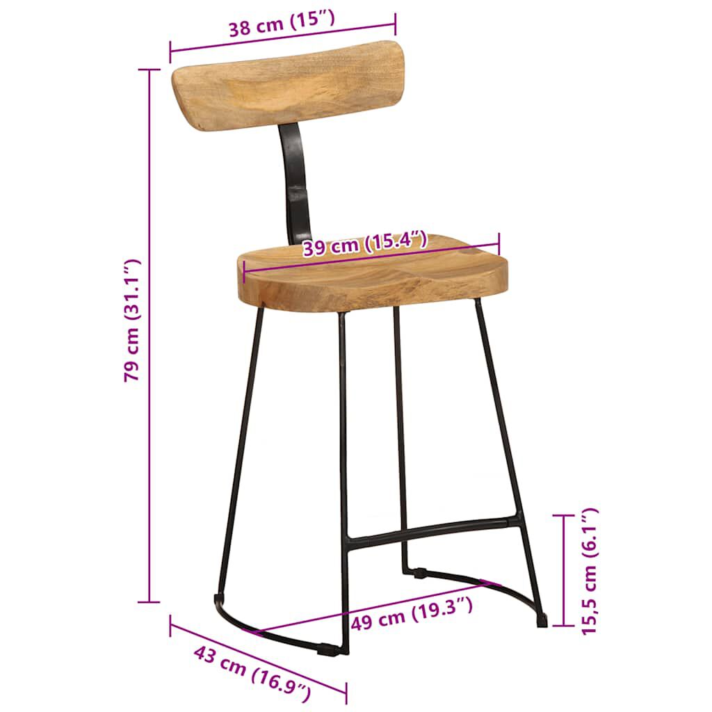 vidaXL Σκαμπό Μπαρ 2 τεμ. 49x43x79 εκ. από Μασίφ Ξύλο Μάνγκο