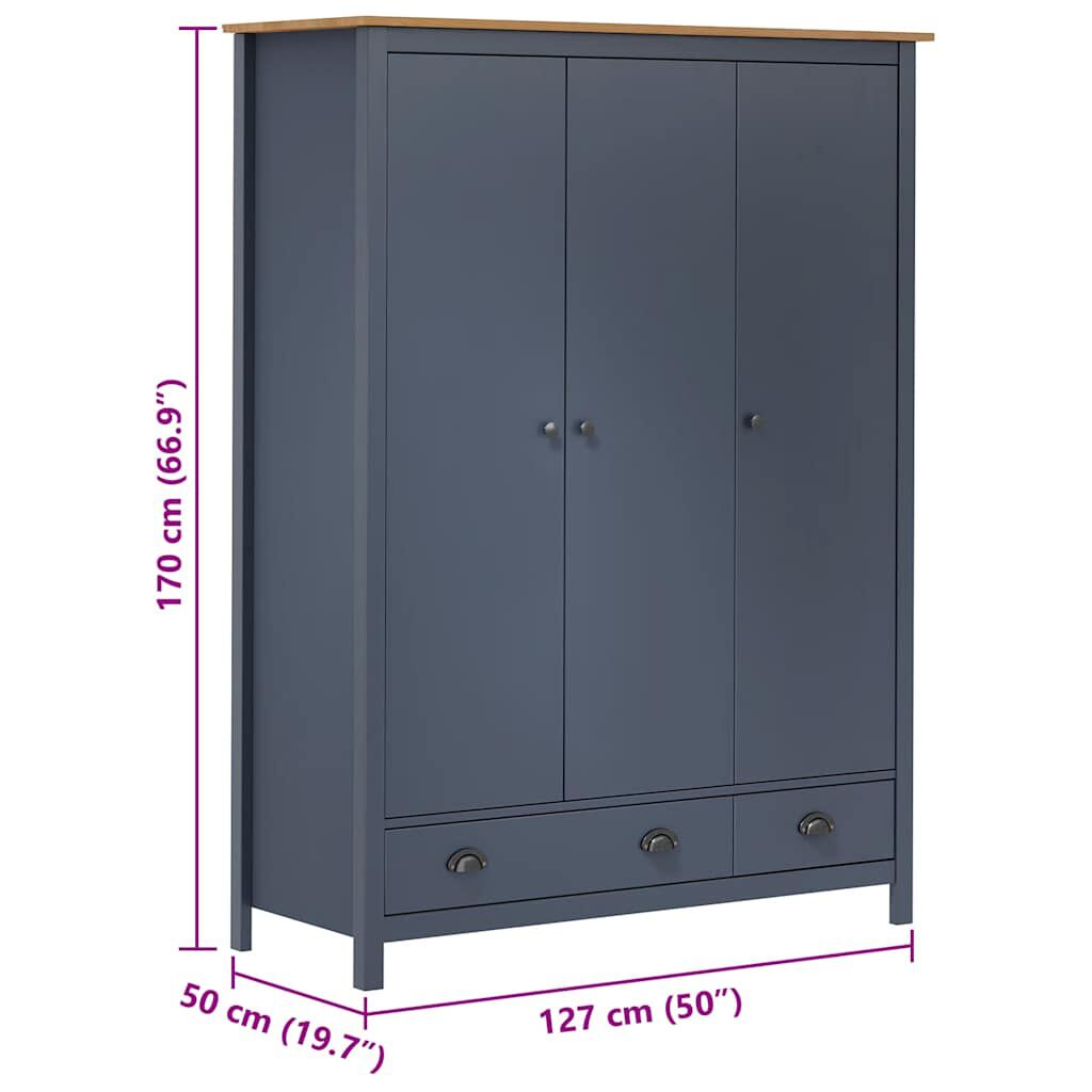 vidaXL Ντουλάπα Hill Τρίφυλλη Γκρι 127x50x170 εκ. Μασίφ Ξύλο Πεύκου