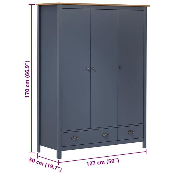 vidaXL Ντουλάπα Hill Τρίφυλλη Γκρι 127x50x170 εκ. Μασίφ Ξύλο Πεύκου