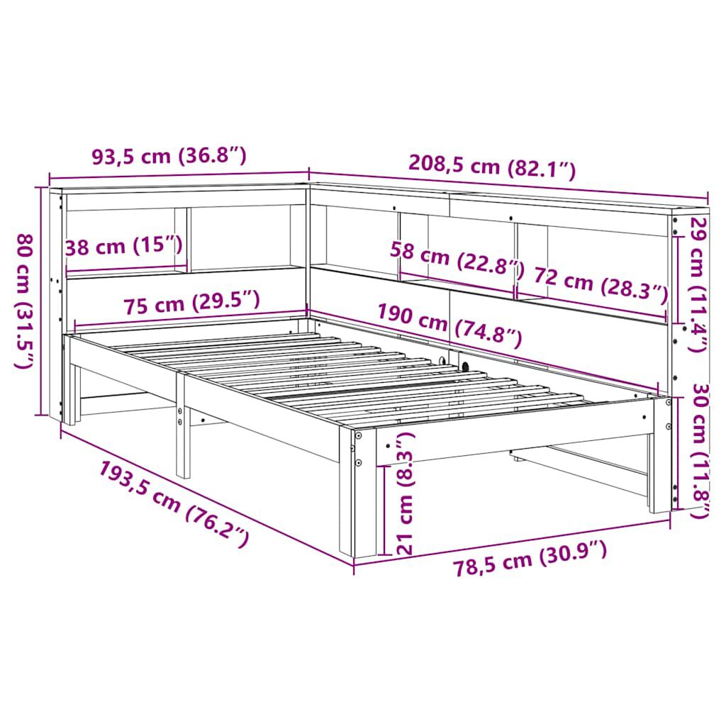 vidaXL Κρεβάτι Βιβλιοθήκη Χωρίς Στρώμα Λευκό 75x190 εκ Μασίφ Πεύκο