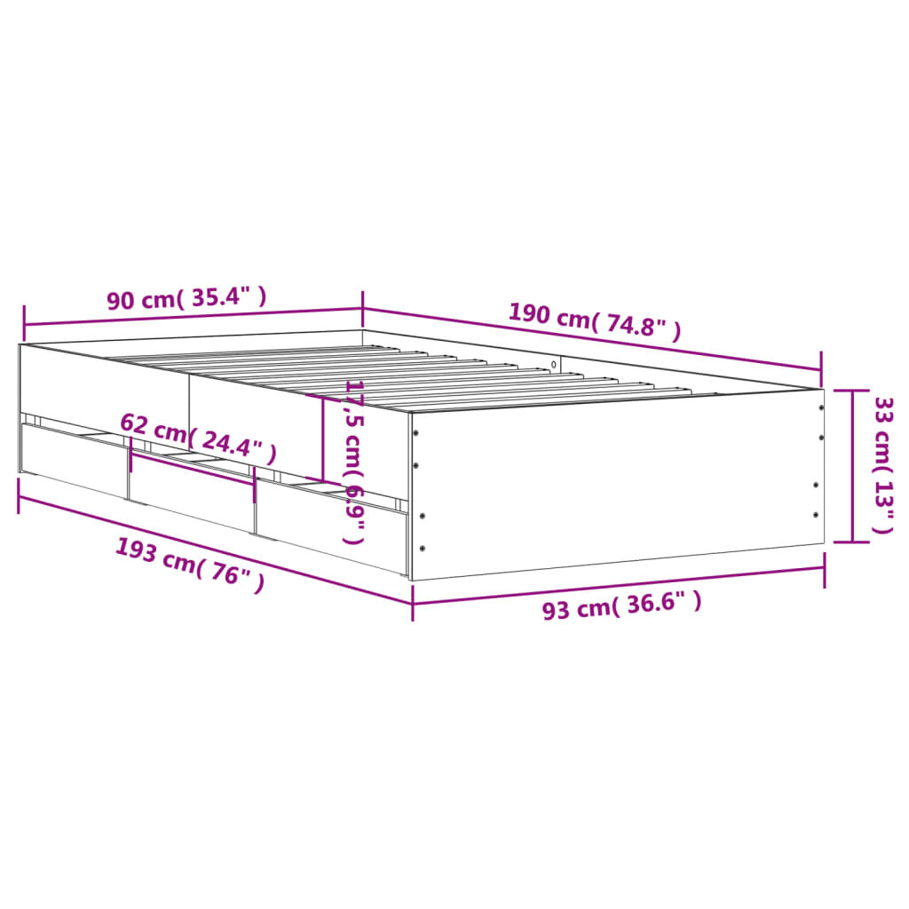 vidaXL Πλαίσιο Κρεβατιού με συρτάρια Καφέ δρυς 90x190 εκ. Επεξ. Ξύλο