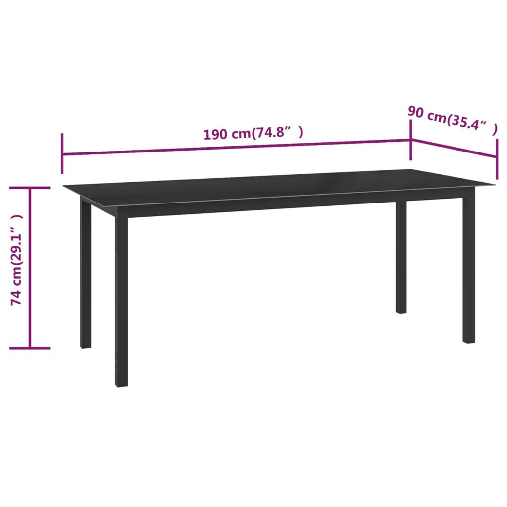 vidaXL Τραπέζι Κήπου Μαύρο 190 x 90 x 74 εκ. από Αλουμίνιο / Γυαλί
