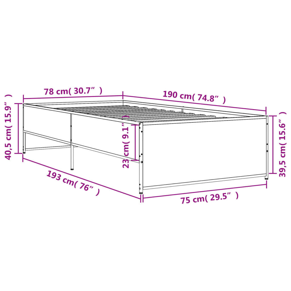 vidaXL Πλαίσιο Κρεβατιού Μαύρο 75 x 190 εκ. Επεξ. Ξύλο & Μέταλλο