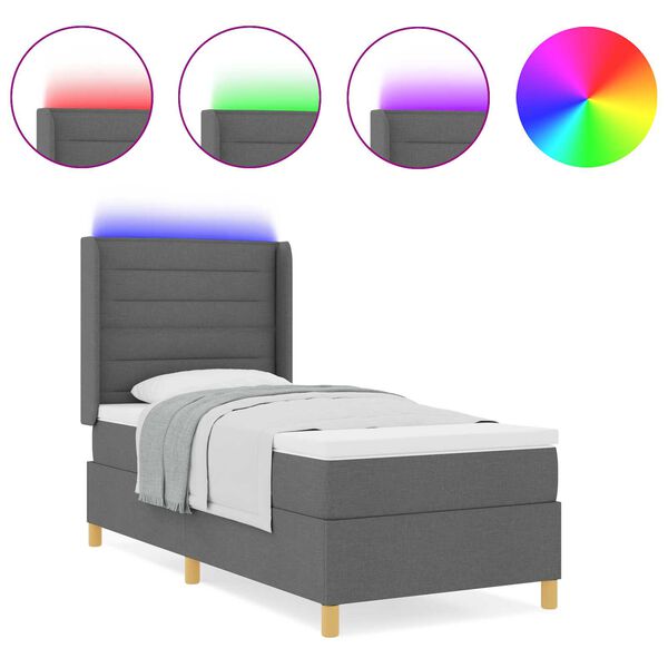 vidaXL Κρεβάτι με Φύλλο και Στρώμα & LED Σκούρο Γκρι 90x200 εκ. Υφάσματος