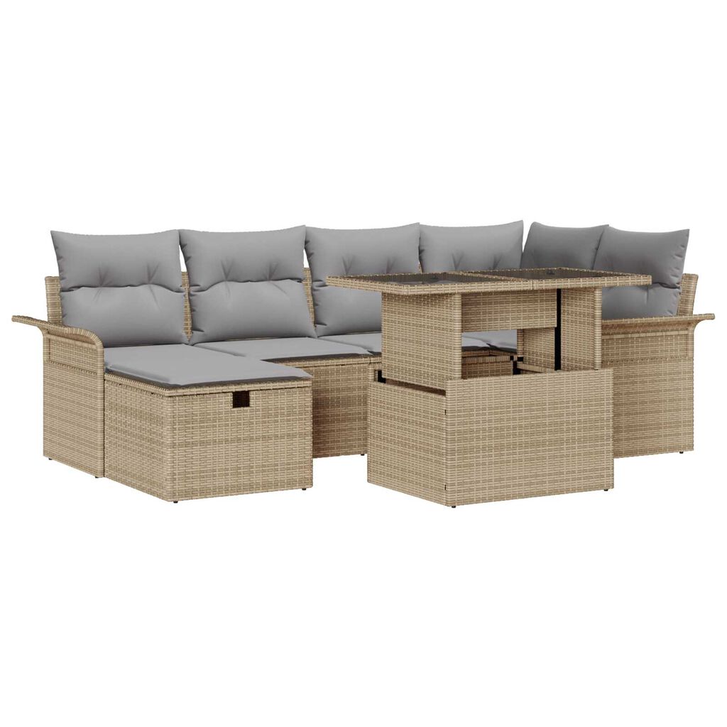 vidaXL Σετ Καναπέ Κήπου με μαξιλάρι 7 pcs Μπεζ Πολυ ράταν