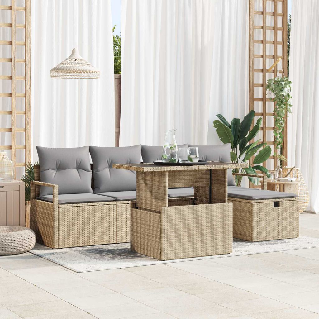 vidaXL Σετ Καναπέ Κήπου με μαξιλάρι 6 pcs Μπεζ Πολυ ράταν