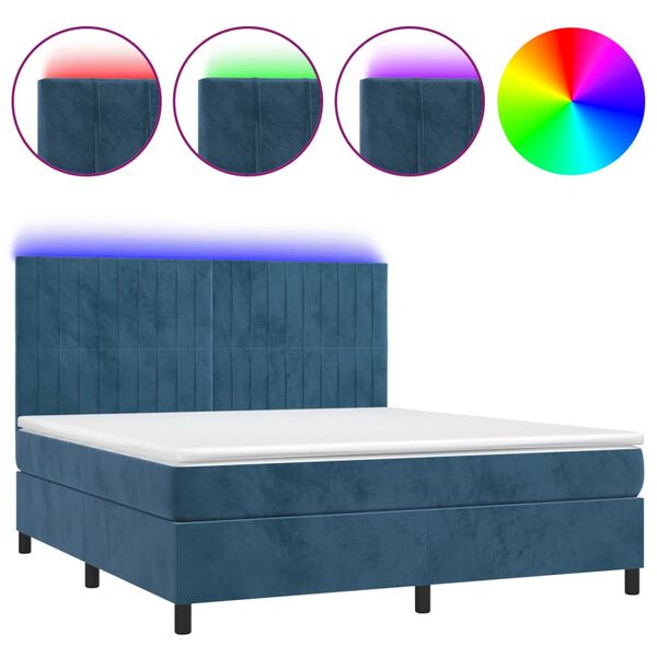 vidaXL Κρεβάτι Boxspring με Στρώμα & LED Σκ. Μπλε 180x200εκ. Βελούδινο