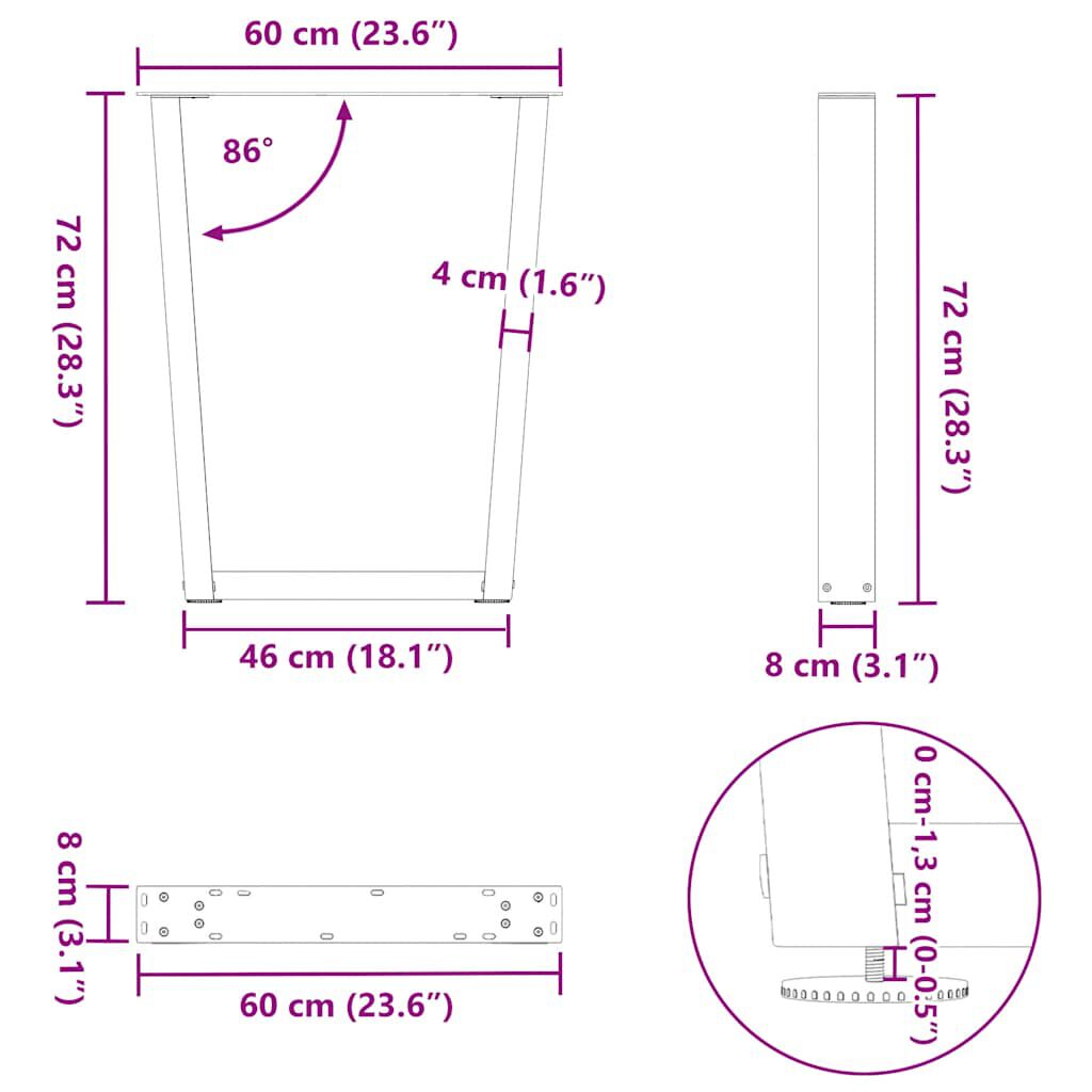 vidaXL Πόδια Τραπεζαρίας Σχήματος V 2 τεμ. Μαύρο 60x(72-73,3) εκ. Ατσάλι