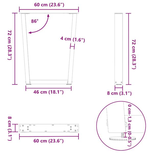 vidaXL Πόδια Τραπεζαρίας Σχήματος V 2 τεμ. Μαύρο 60x(72-73,3) εκ. Ατσάλι