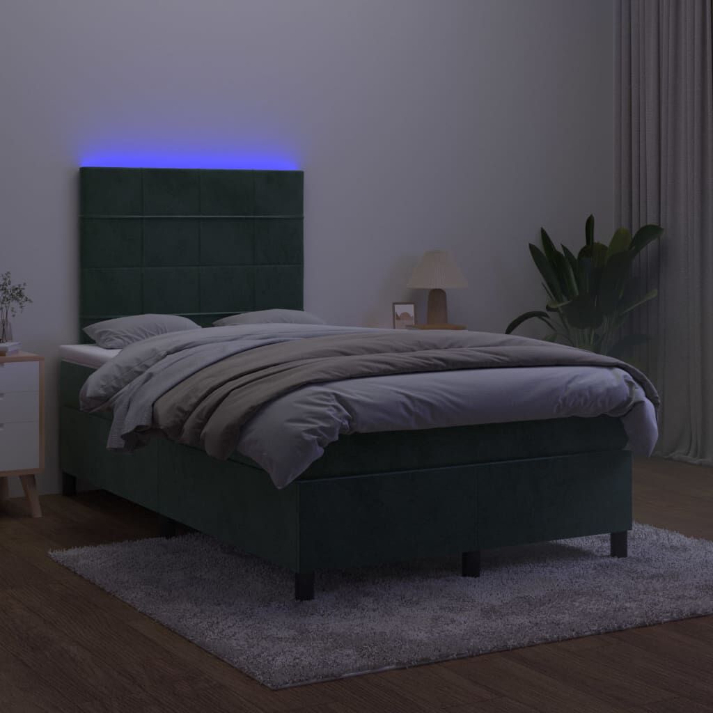 vidaXL Κρεβάτι Boxspring με Στρώμα & LED Σκ. Πράσινο 120x200εκ Βελούδο