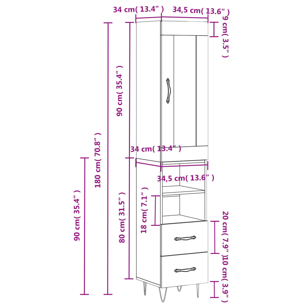 vidaXL Ντουλάπι Γυαλ. Λευκό 34,5 x 34 x 180 εκ. από Επεξεργασμένο Ξύλο