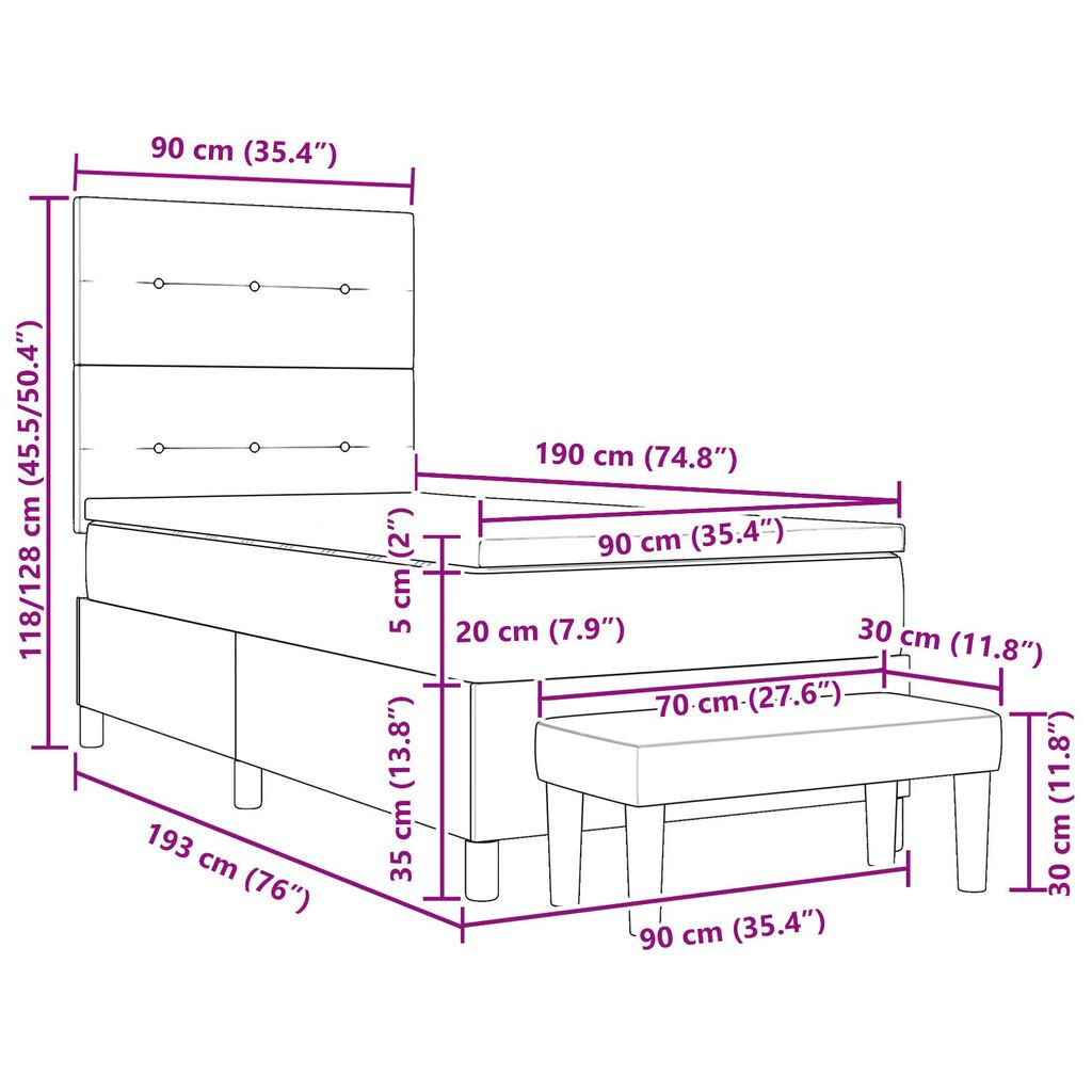 κρεβάτι Box Spring με στρώμα και πάγκο vidaXL Ταπέτο 90x190 εκ. Υφάσματος
