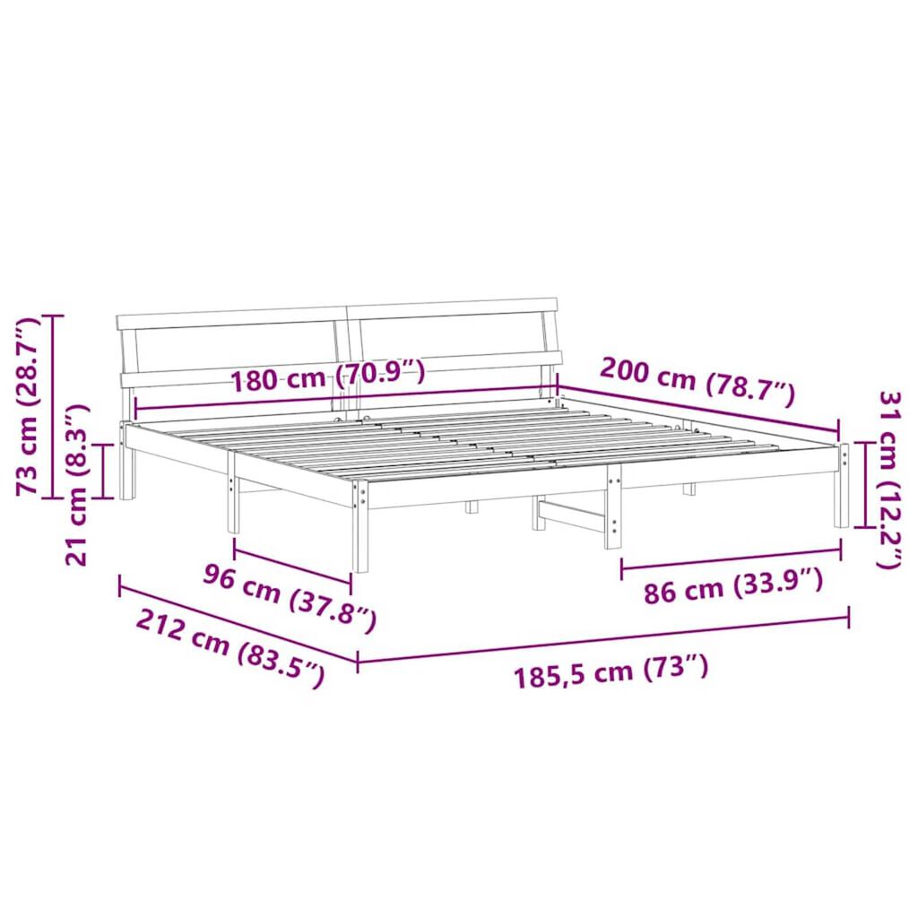 vidaXL Σκελετός Κρεβατιού Λευκό 180 x 200 cm Μασίφ ξύλο πεύκου