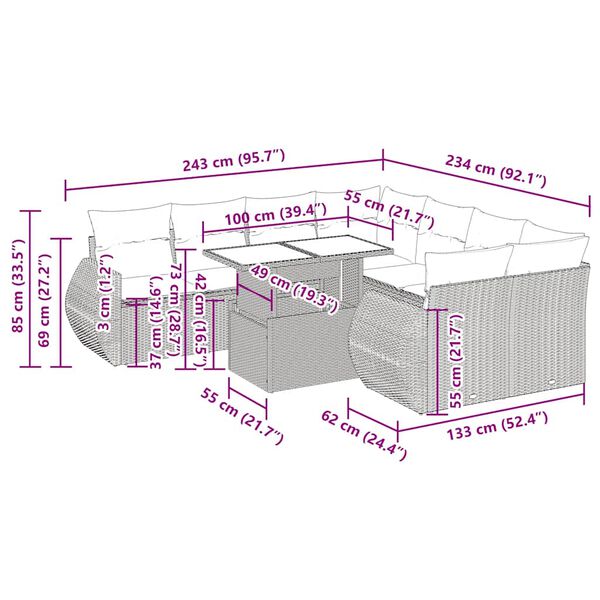 vidaXL Σαλόνι Κήπου Σετ 9 Τεμαχίων Γκρι Συνθετικό Ρατάν με Μαξιλάρια