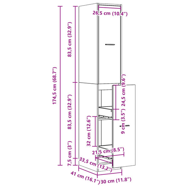 vidaXL Συρταριέρα Γενικής Χρήσης Μαύρο 30x41x174,5 εκ. Επεξ. Ξύλο