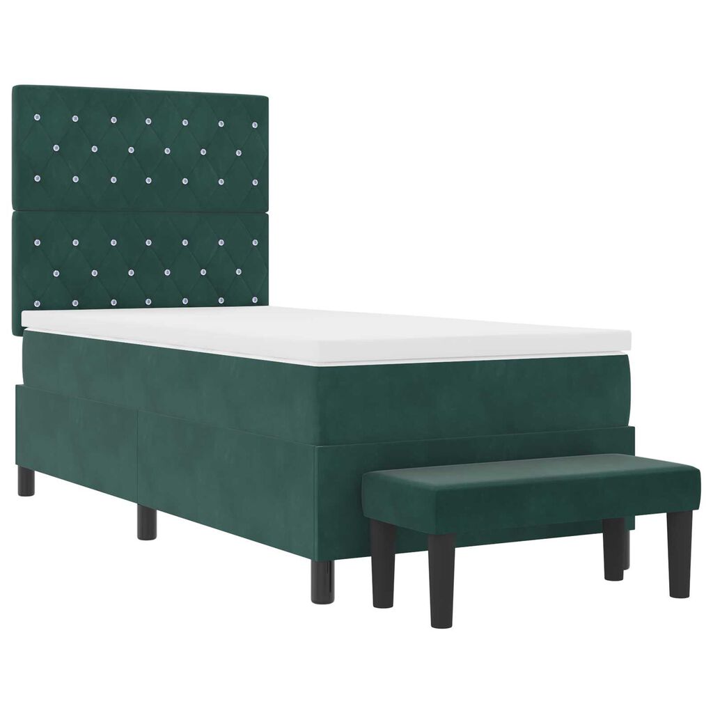 vidaXL Κρεβάτι Box Spring με Στρώμα & Παγκάκι Σκούρο Πράσινο 90x190 εκ. Βελούδο